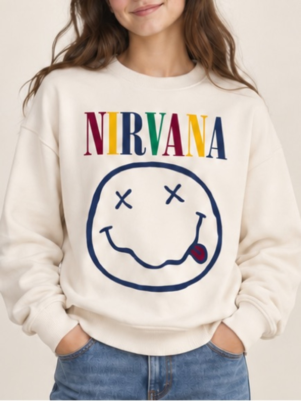 Zara Girls 13–14 Nirvana Smiley Face Sweatshirt Cream Graphic Band Crewneck